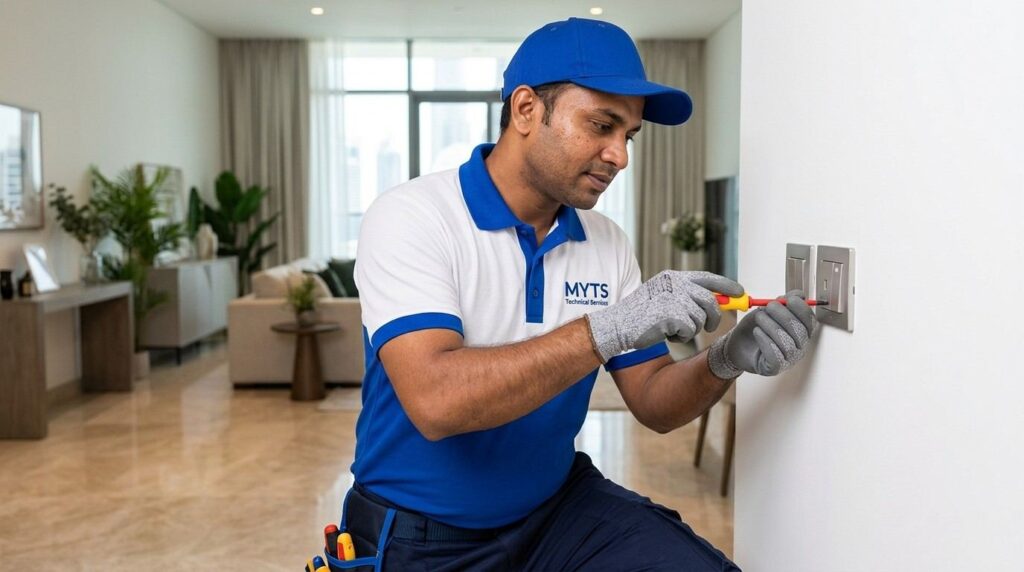 Home Electrical Repair Dubai for Safe and Reliable Home Electrical Services 4 Electrician repairing a faulty electrical switch and socket in a Dubai home